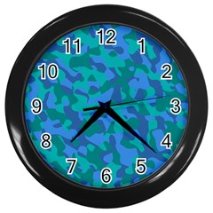 Blue Turquoise Teal Camouflage Pattern Wall Clock (black) by SpinnyChairDesigns