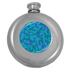 Blue Turquoise Teal Camouflage Pattern Round Hip Flask (5 Oz) by SpinnyChairDesigns