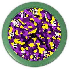 Purple And Yellow Camouflage Pattern Color Wall Clock by SpinnyChairDesigns