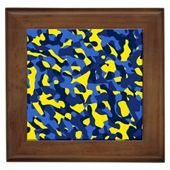 Blue And Yellow Camouflage Pattern Framed Tile by SpinnyChairDesigns