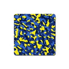 Blue And Yellow Camouflage Pattern Square Magnet by SpinnyChairDesigns