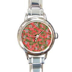 Pink And Green Camouflage Pattern Round Italian Charm Watch by SpinnyChairDesigns