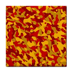 Red And Yellow Camouflage Pattern Tile Coaster by SpinnyChairDesigns