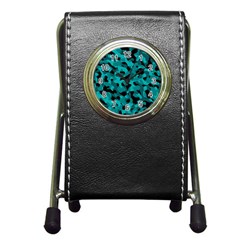 Black And Teal Camouflage Pattern Pen Holder Desk Clock by SpinnyChairDesigns