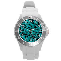 Black And Teal Camouflage Pattern Round Plastic Sport Watch (l) by SpinnyChairDesigns