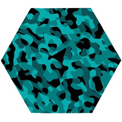 Black And Teal Camouflage Pattern Wooden Puzzle Hexagon by SpinnyChairDesigns