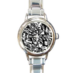 Black And White Camouflage Pattern Round Italian Charm Watch by SpinnyChairDesigns