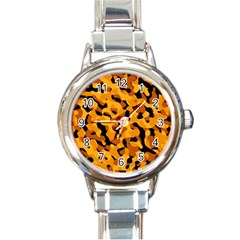 Orange And Black Camouflage Pattern Round Italian Charm Watch by SpinnyChairDesigns