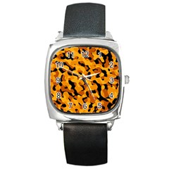 Orange And Black Camouflage Pattern Square Metal Watch by SpinnyChairDesigns