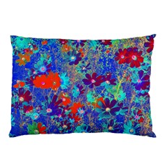 Cosmos Flowers Blue Red Pillow Case by DinkovaArt