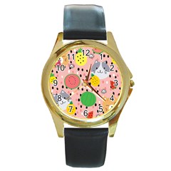 Cats And Fruits  Round Gold Metal Watch by Sobalvarro