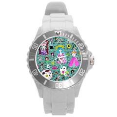 Blue Denim And Drawings Daisies Aqua Round Plastic Sport Watch (l) by snowwhitegirl