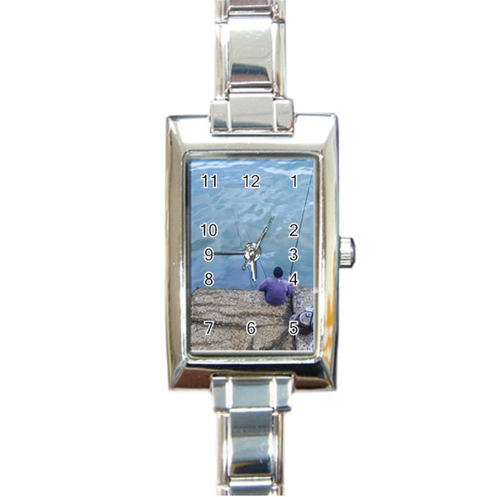 Senior Man Fishing At River, Montevideo, Uruguay001 Rectangle Italian Charm Watch