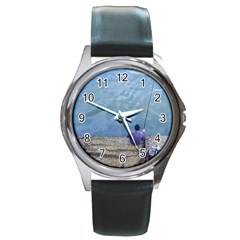 Senior Man Fishing At River, Montevideo, Uruguay001 Round Metal Watch by dflcprintsclothing