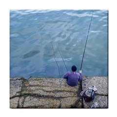 Senior Man Fishing At River, Montevideo, Uruguay001 Tile Coaster by dflcprintsclothing