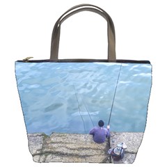 Senior Man Fishing At River, Montevideo, Uruguay001 Bucket Bag by dflcprintsclothing