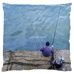 Senior Man Fishing At River, Montevideo, Uruguay001 Large Cushion Case (two Sides) by dflcprintsclothing