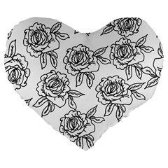 Line Art Black And White Rose Large 19  Premium Flano Heart Shape Cushions by MintanArt