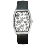 Line Art Black And White Rose Barrel Style Metal Watch Front