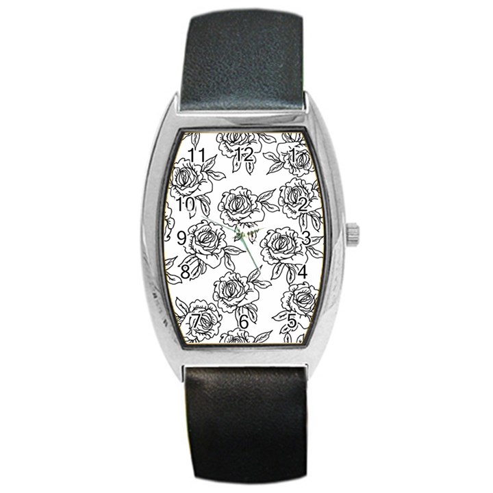 Line Art Black And White Rose Barrel Style Metal Watch