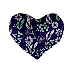 Floral Blue Pattern Standard 16  Premium Heart Shape Cushions by MintanArt