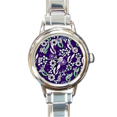 Floral Blue Pattern  Round Italian Charm Watch by MintanArt