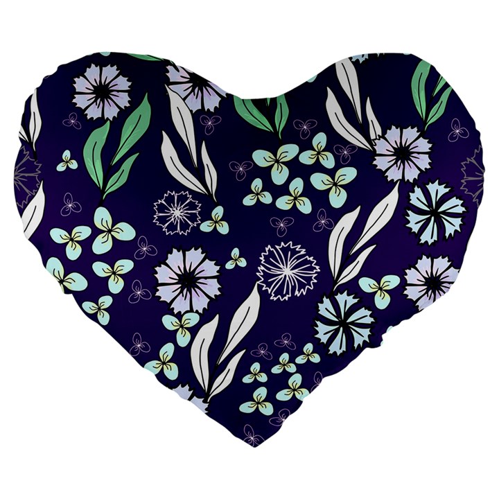 Floral blue pattern  Large 19  Premium Heart Shape Cushions