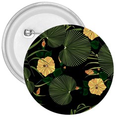 Tropical Vintage Yellow Hibiscus Floral Green Leaves Seamless Pattern Black Background  3  Buttons by Sobalvarro