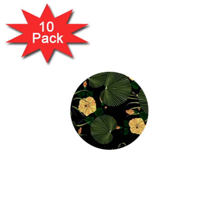 Tropical vintage yellow hibiscus floral green leaves seamless pattern black background. 1  Mini Buttons (10 pack) 