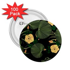 Tropical Vintage Yellow Hibiscus Floral Green Leaves Seamless Pattern Black Background  2 25  Buttons (100 Pack)  by Sobalvarro