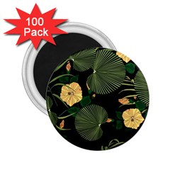 Tropical Vintage Yellow Hibiscus Floral Green Leaves Seamless Pattern Black Background  2 25  Magnets (100 Pack)  by Sobalvarro