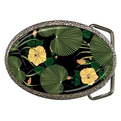 Tropical Vintage Yellow Hibiscus Floral Green Leaves Seamless Pattern Black Background  Belt Buckles by Sobalvarro