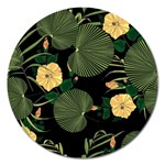 Tropical vintage yellow hibiscus floral green leaves seamless pattern black background. Magnet 5  (Round) Front