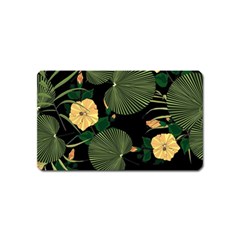 Tropical Vintage Yellow Hibiscus Floral Green Leaves Seamless Pattern Black Background  Magnet (name Card) by Sobalvarro