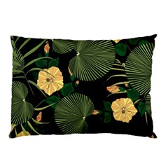 Tropical Vintage Yellow Hibiscus Floral Green Leaves Seamless Pattern Black Background  Pillow Case by Sobalvarro