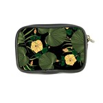 Tropical vintage yellow hibiscus floral green leaves seamless pattern black background. Coin Purse Back