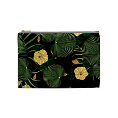 Tropical Vintage Yellow Hibiscus Floral Green Leaves Seamless Pattern Black Background  Cosmetic Bag (medium) by Sobalvarro