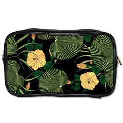 Tropical Vintage Yellow Hibiscus Floral Green Leaves Seamless Pattern Black Background  Toiletries Bag (one Side) by Sobalvarro