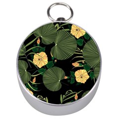 Tropical Vintage Yellow Hibiscus Floral Green Leaves Seamless Pattern Black Background  Silver Compasses by Sobalvarro