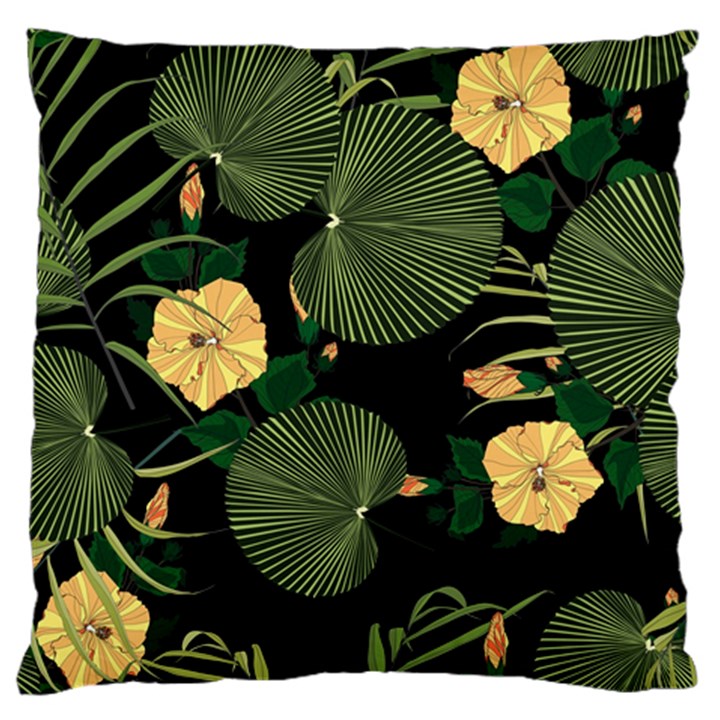 Tropical vintage yellow hibiscus floral green leaves seamless pattern black background. Large Flano Cushion Case (One Side)