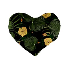 Tropical Vintage Yellow Hibiscus Floral Green Leaves Seamless Pattern Black Background  Standard 16  Premium Flano Heart Shape Cushions by Sobalvarro