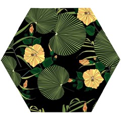 Tropical Vintage Yellow Hibiscus Floral Green Leaves Seamless Pattern Black Background  Wooden Puzzle Hexagon by Sobalvarro