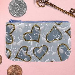   Gold Hearts On A Blue Background Large Coin Purse by Galinka