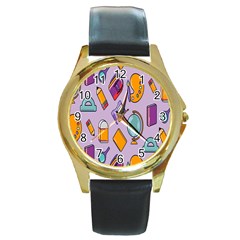 Back To School And Schools Out Kids Pattern Round Gold Metal Watch by DinzDas