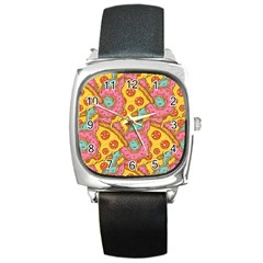 Fast Food Pizza And Donut Pattern Square Metal Watch by DinzDas