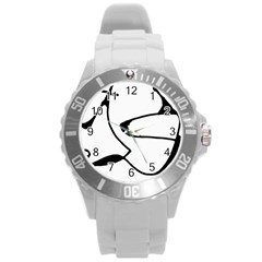 Black And White Abstract Linear Decorative Art Round Plastic Sport Watch (l) by dflcprintsclothing