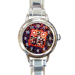 Root Humanity Bar And Qr Code In Flash Orange And Purple Round Italian Charm Watch by WetdryvacsLair