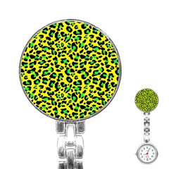 Yellow And Green, Neon Leopard Spots Pattern Stainless Steel Nurses Watch by Casemiro