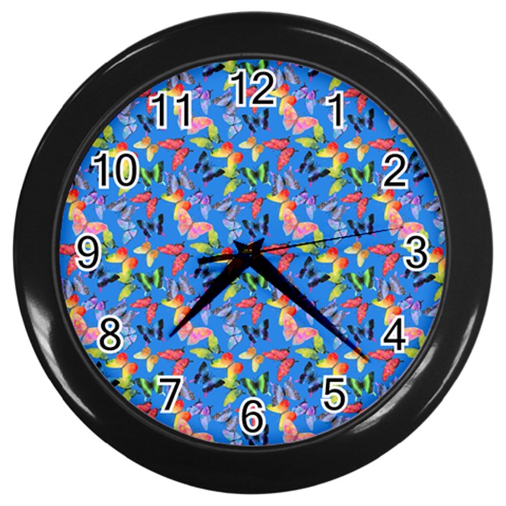 Multicolored Butterflies Fly On A Blue Background Wall Clock (Black)