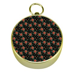 Medium Red Christmas Poinsettias On Black Gold Compasses by PodArtist